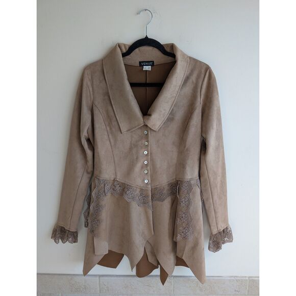 VENUS Jackets & Blazers - Venus Women M Faux Suede Lace Trim Tunic Jacket Lagenlook Boho Beige Fairycore